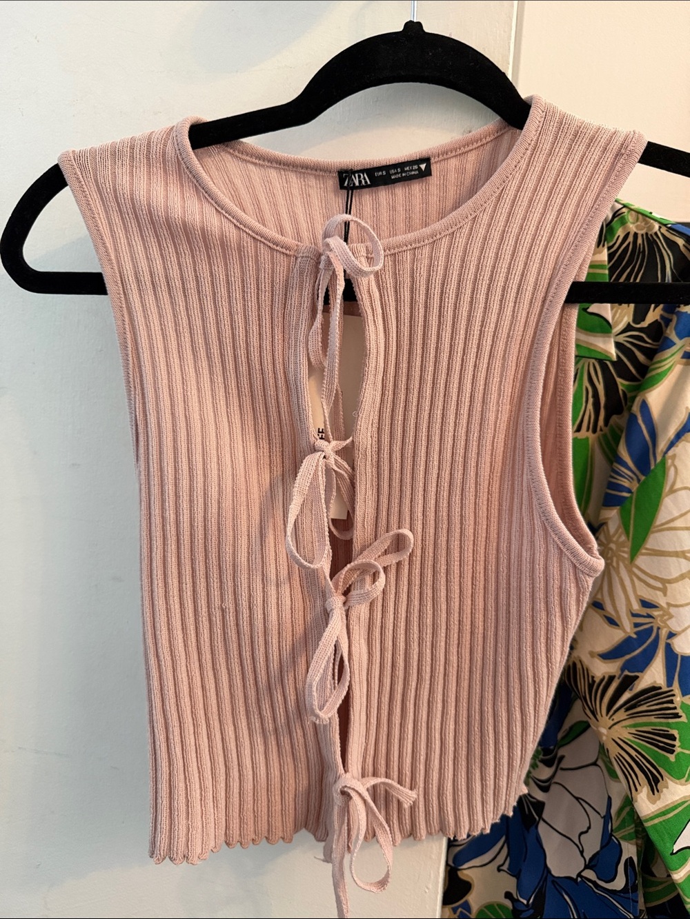 Zara Blush Pink Ribbed Tie-Back Crop Tank